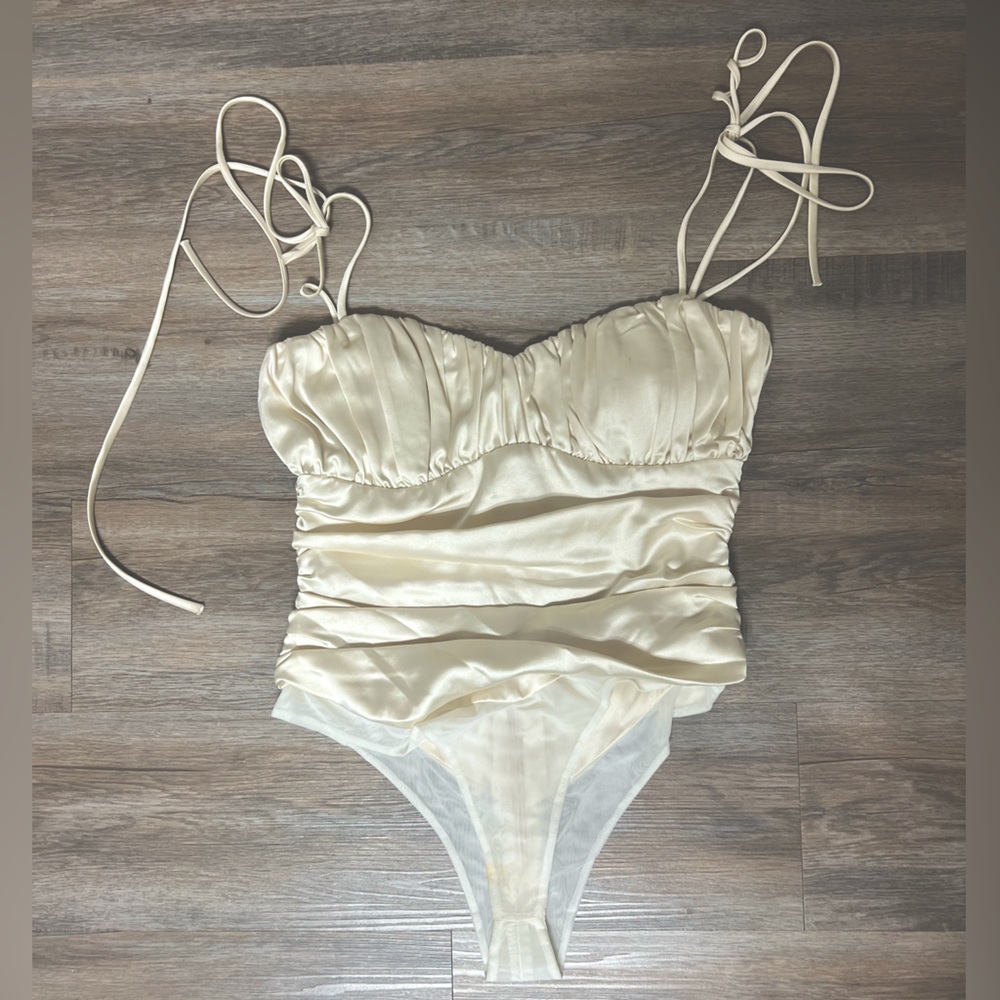Sexy Off White Body Suit Satin Tie String Top Eye Candy Couture Boutique